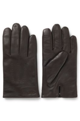 Wool-blend lined leather gloves with logo, Dark Brown
