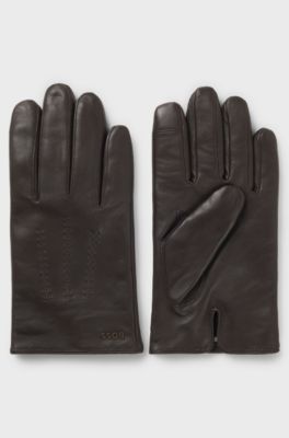 Wool-blend lined leather gloves with logo, Dark Brown