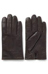 Wool-blend lined leather gloves with logo, Dark Brown