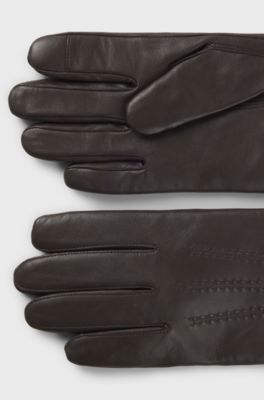 Wool-blend lined leather gloves with logo, Dark Brown
