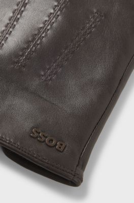 Wool-blend lined leather gloves with logo, Dark Brown