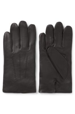 Touchscreen-friendly gloves in leather with metallic logo lettering, Brown