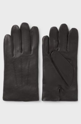Touchscreen-friendly gloves in leather with metallic logo lettering, Brown