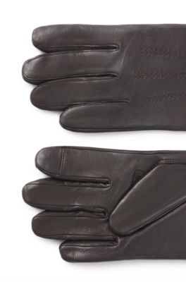 Touchscreen-friendly gloves in leather with metallic logo lettering, Brown