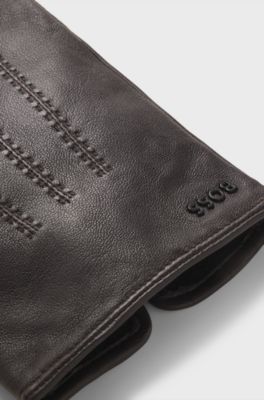 Wool-blend lined leather gloves with logo, Brown