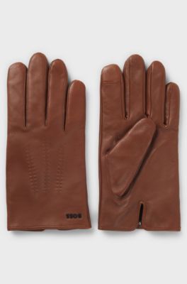 Wool-blend lined leather gloves with logo, Brown