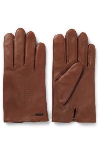 Wool-blend lined leather gloves with logo, Brown