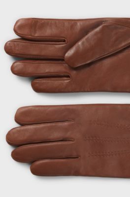 Wool-blend lined leather gloves with logo, Brown
