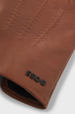 Wool-blend lined leather gloves with logo, Brown