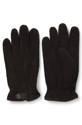 Sheepskin gloves with leather trims, Dark Brown