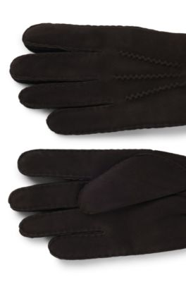 Sheepskin gloves with leather trims, Dark Brown