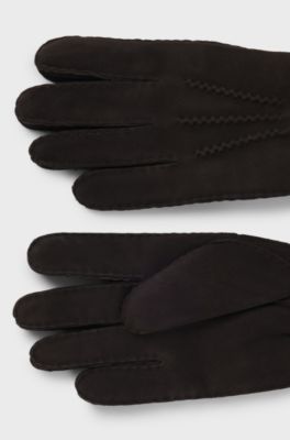 Sheepskin gloves with leather trims, Dark Brown