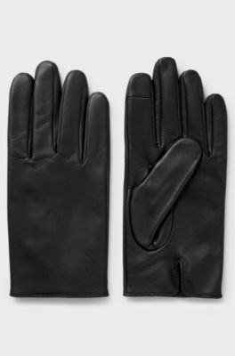 Grained-leather gloves with full lining and lasered logo, Black