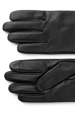 Helforede handsker i narvl&aelig;der med laserprintet logo, Sort