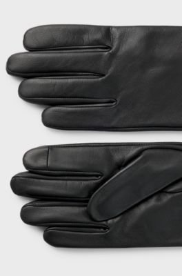 Grained-leather gloves with full lining and lasered logo, Black