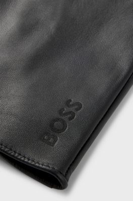 Grained-leather gloves with full lining and lasered logo, Black