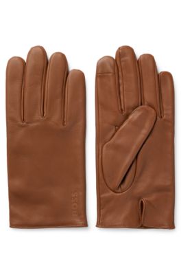 Helforede handsker i narvl&aelig;der med laserprintet logo, Brun