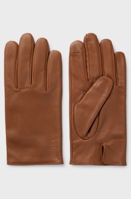 Grained-leather gloves with full lining and lasered logo, Brown