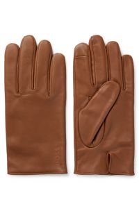 Grained-leather gloves with full lining and lasered logo, Brown