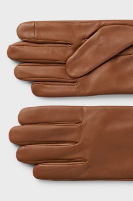 Grained-leather gloves with full lining and lasered logo, Brown