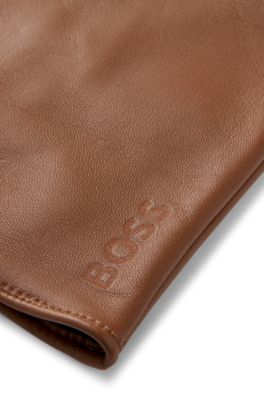 Helforede handsker i narvl&aelig;der med laserprintet logo, Brun