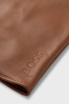 Grained-leather gloves with full lining and lasered logo, Brown