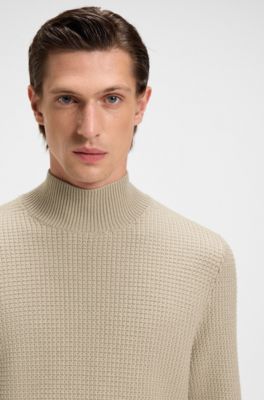 Mock-neck sweater in cotton and virgin wool, Light Beige