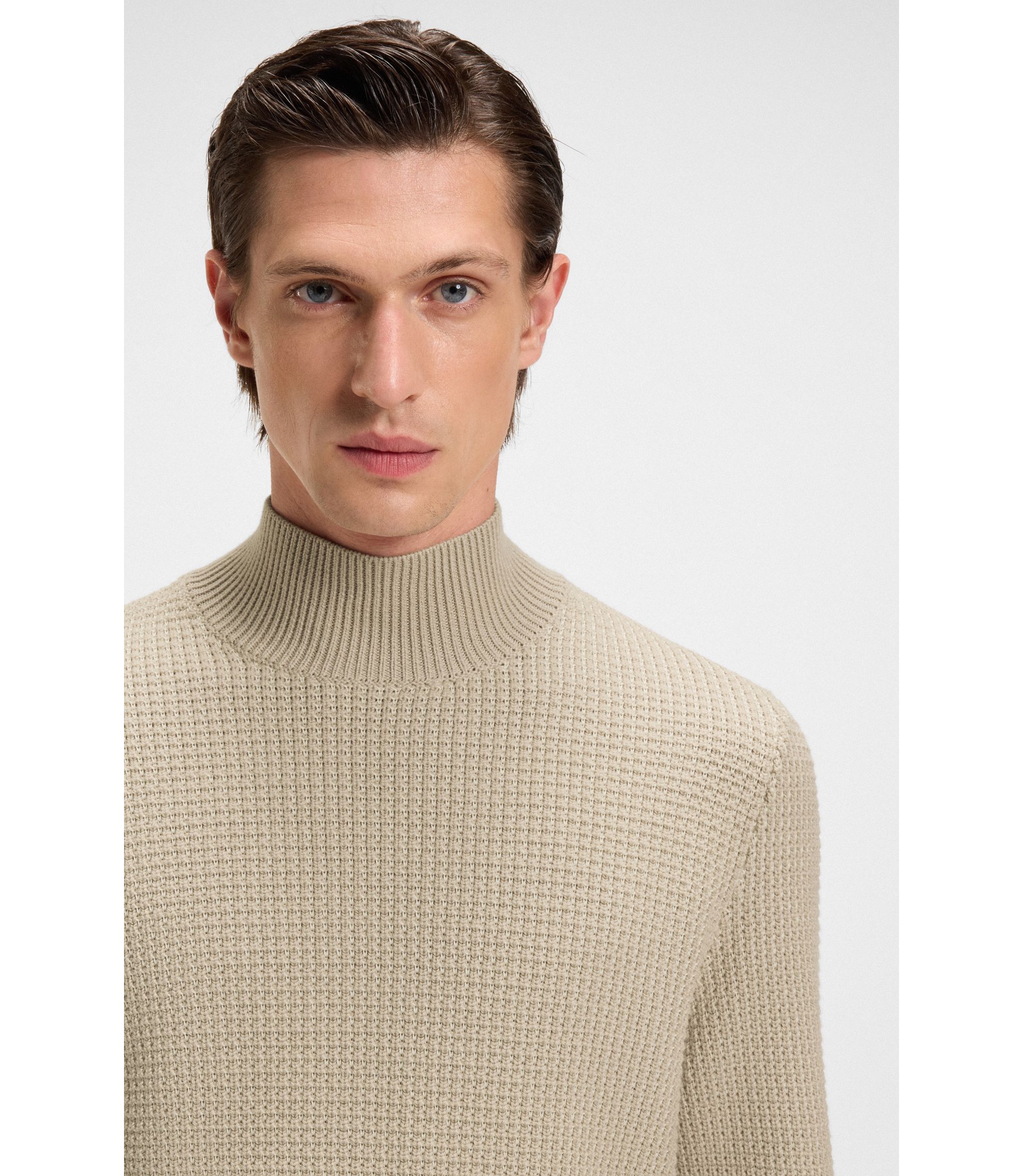 BOSS Mock-neck sweater in cotton and virgin wool Light Beige
