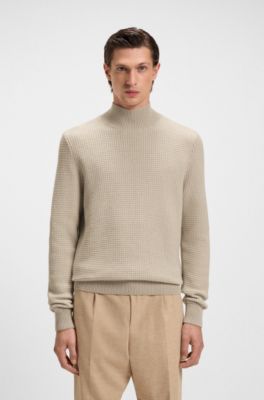 Mock-neck sweater in cotton and virgin wool, Light Beige