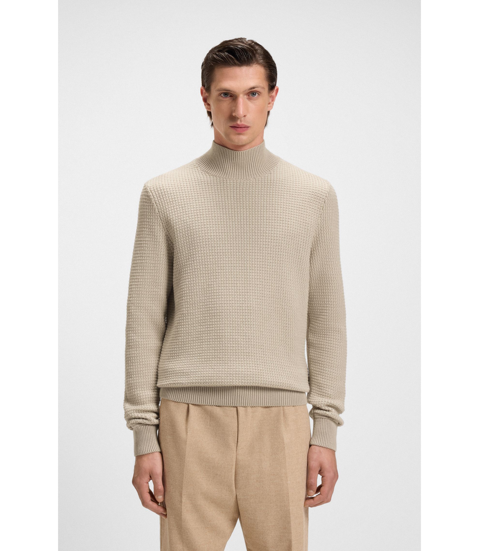BOSS - Mock-neck sweater in cotton and virgin wool - Light Beige