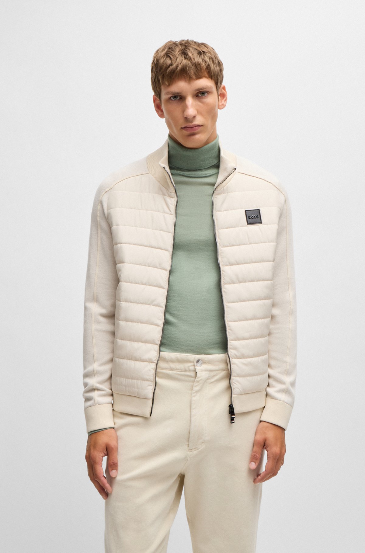 BOSS - Zip-up jacket in mixed materials with logo badge BOSS - Zip-up jacket in mixed materials with logo badge