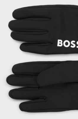 Touchscreen-friendly running gloves with printed logos, Black