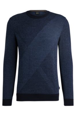 BOSS Virgin wool sweater with two tone jacquard pattern Dark Blue