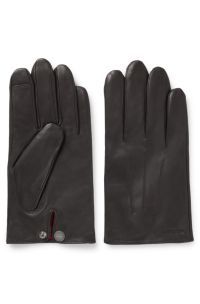 Leather gloves with branded press stud and lining, Dark Brown