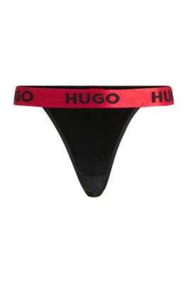 Stretch-velvet thong with logo waistband, Black