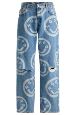 Baggy-fit distressed jeans with Happy HUGO print, Blue Patterned