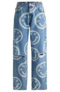 Baggy-Fit Jeans in Used-Optik mit Happy HUGO Design, Blau gemustert