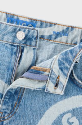 Baggy-fit distressed jeans with Happy HUGO print, Blue Patterned