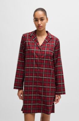 Checked flannel night shirt in stretch cotton, Dark Red