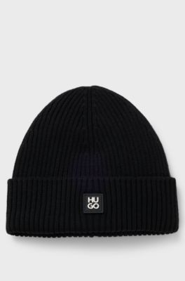 Virgin-wool beanie hat with stacked-logo badge, Black