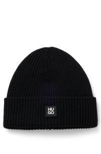 Beanie van scheerwol met tweedelige logopatch, Zwart