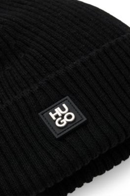 Virgin-wool beanie hat with stacked-logo badge, Black