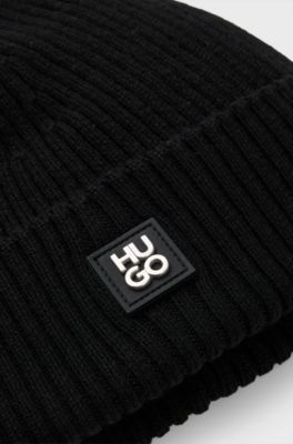 Virgin-wool beanie hat with stacked logo, Black