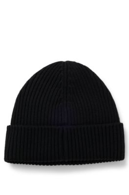 Virgin-wool beanie hat with stacked-logo badge, Black