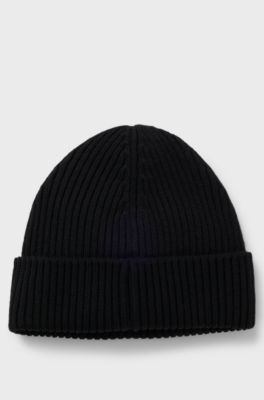 Virgin-wool beanie hat with stacked-logo badge, Black