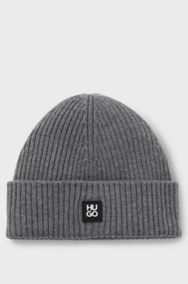 Virgin-wool beanie hat with stacked-logo badge, Grey