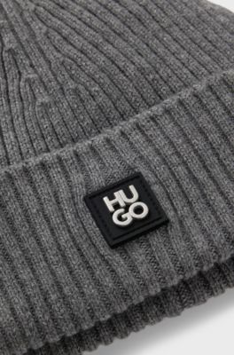 Virgin-wool beanie hat with stacked-logo badge, Grey