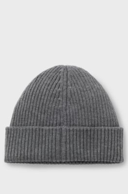 Virgin-wool beanie hat with stacked-logo badge, Grey