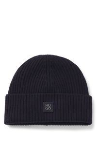 Virgin-wool beanie hat with stacked-logo badge, Dark Blue