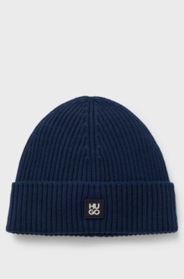 Bonnet en laine vierge avec badge &agrave; logo revisit&eacute;, Bleu fonc&eacute;